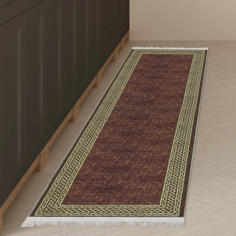 Tapis brun / doré lavable à la machine infroissable à bordure plate pour salon, couloir