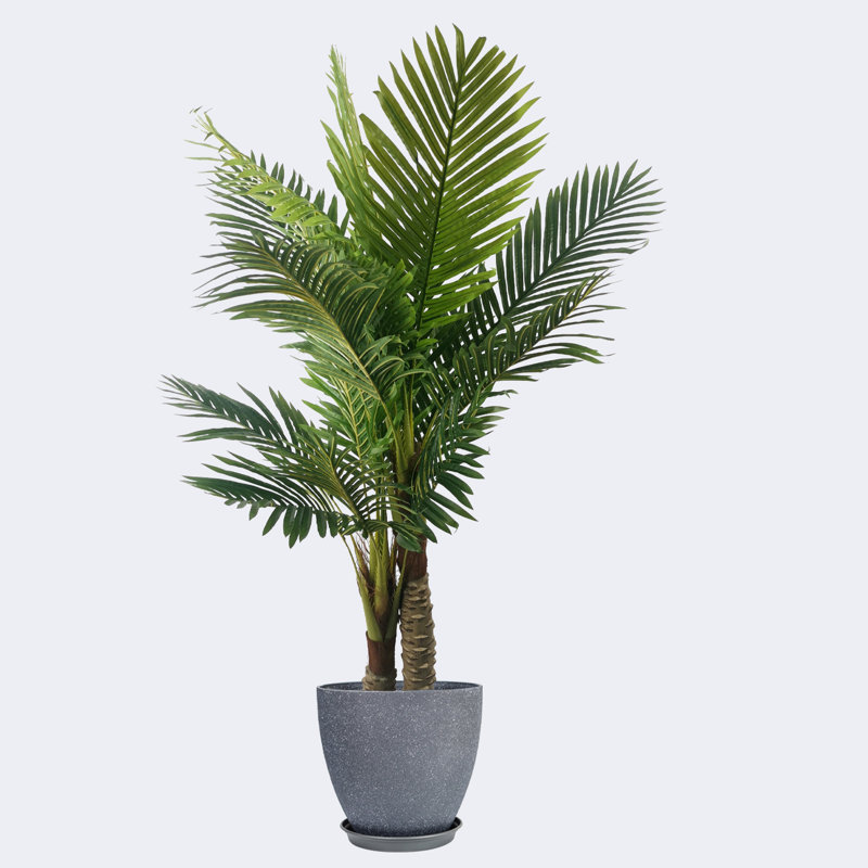 Palmier artificiel de type C et pots ronds en résine avec plateau, Gris foncé, H 27,56 po x l 71,65 po x P 27,56 po