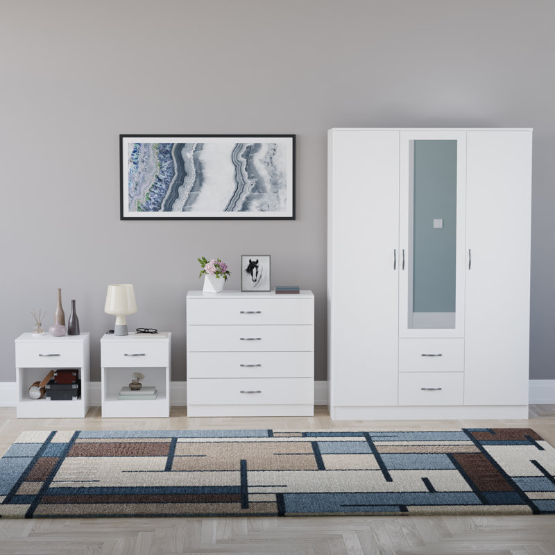 Tayce 4 Piece Bedroom Set (1 Drawer Bedside Chest X2, 4 Drawer Chest, 3 Door 2 Drawer Mirrored Wardrobe), White