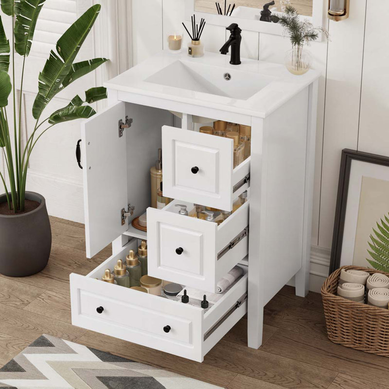 Meuble-lavabo avec lavabo, armoire et tiroirs, Blanc