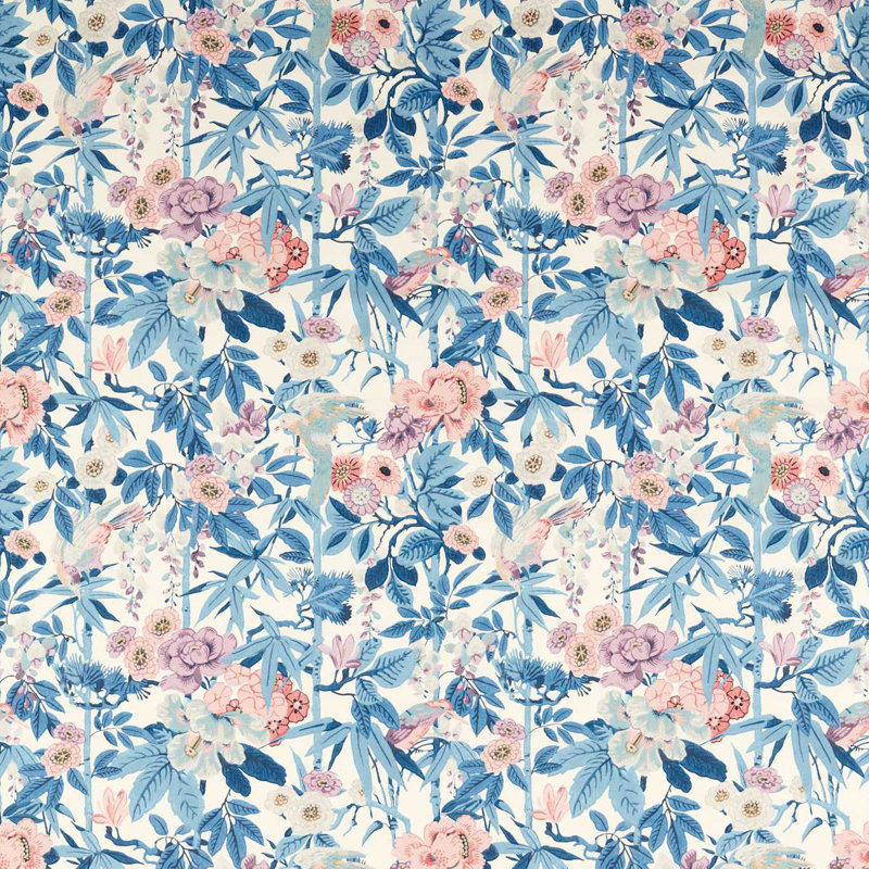 Bamboo & Bird Fabric, China Blue/Lotus Pink