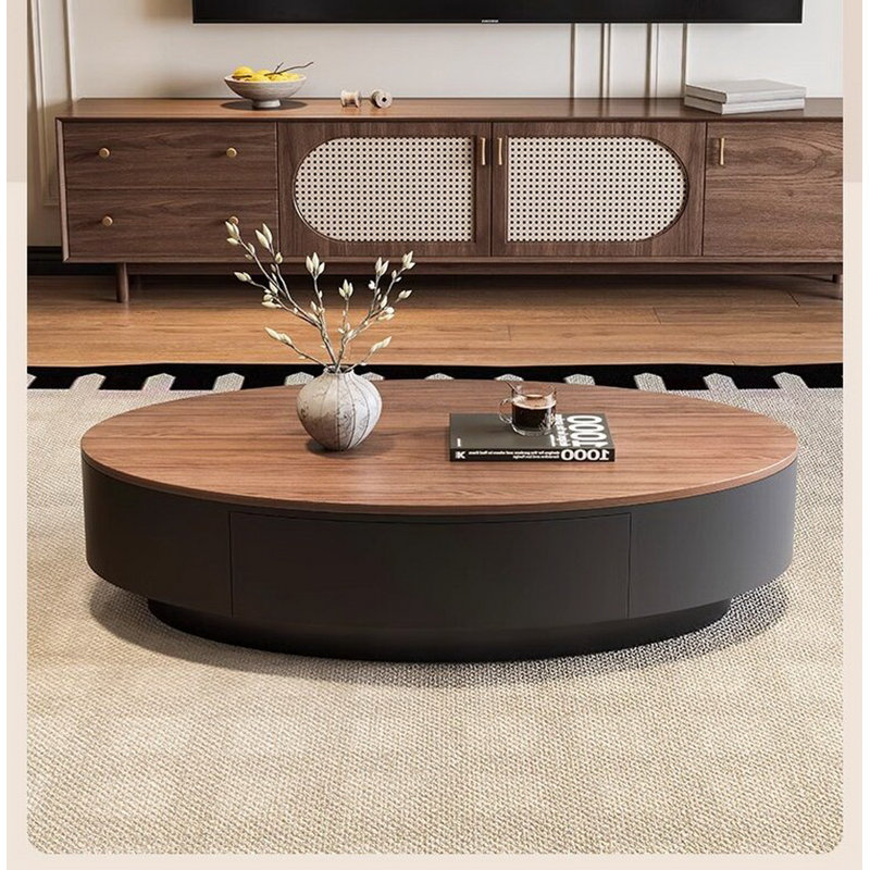 Mid-Century Modern Walnut Multilayer Coffee Table With Storage Drawer | Low Profile Oval Drum Table | 47.24" W X 12.99" H