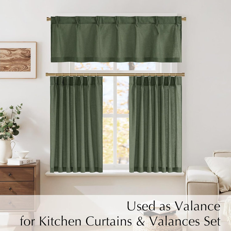  Pinch Pleated Linen Valances for Windows, 2 Panels Set Farmhouse Light Filtering Small Sheer Curtains for Cafe Bar Kitchen Over Sink Christmas Decor