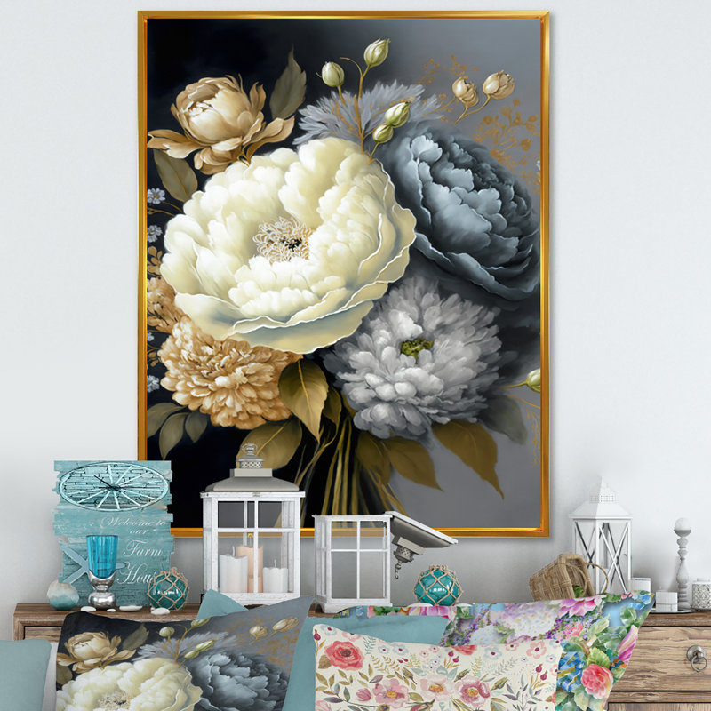 Art mural encadré blanc, bleu et gris - pivoines II, H 40 po x l 30 po x P 1,5 po, Cadre flottant doré