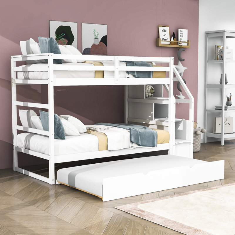 Lit superposé simple en bois avec escalier Kachig, Blanc