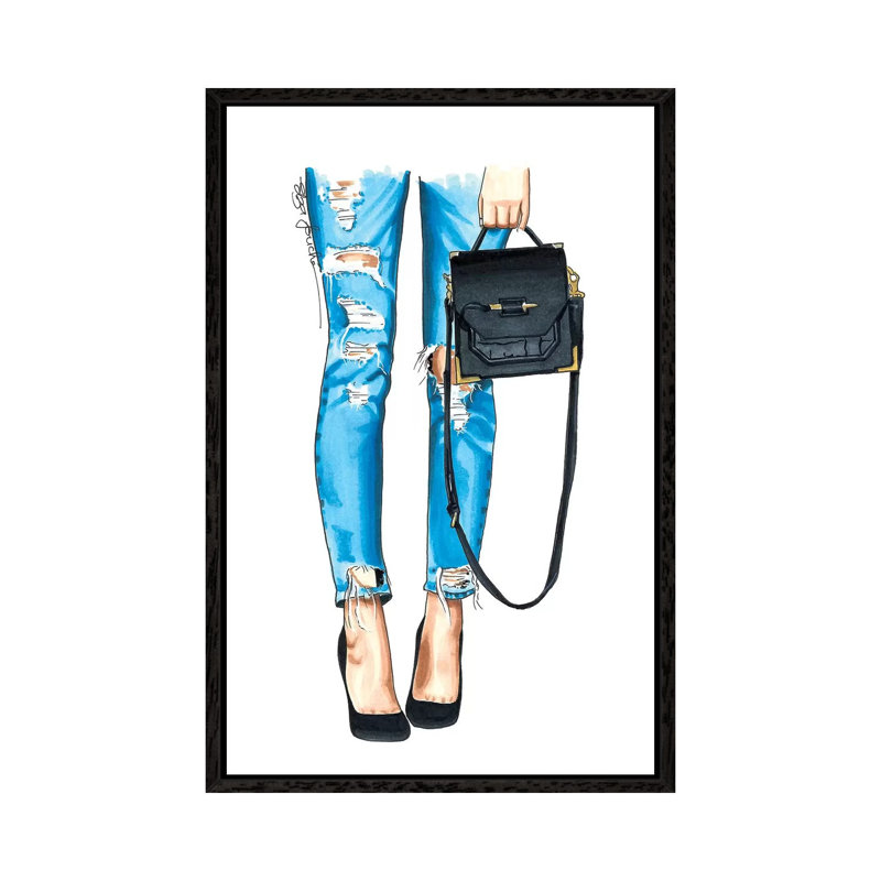 Ripped Jeans & Bag by Elza Fouche - Print on Canvas, 66.04 cm H x 45.72 cm W, Black Framed