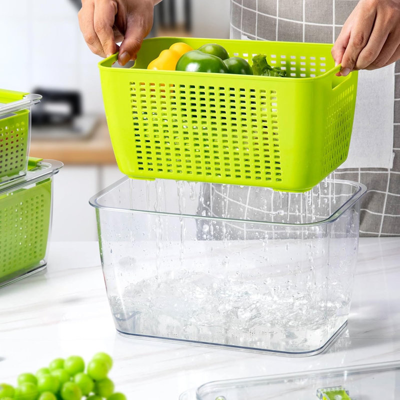 Dionta 3 PCS Fruit Containers for Fridge, Leakproof Food Storage Containers with Removable Colander, Green