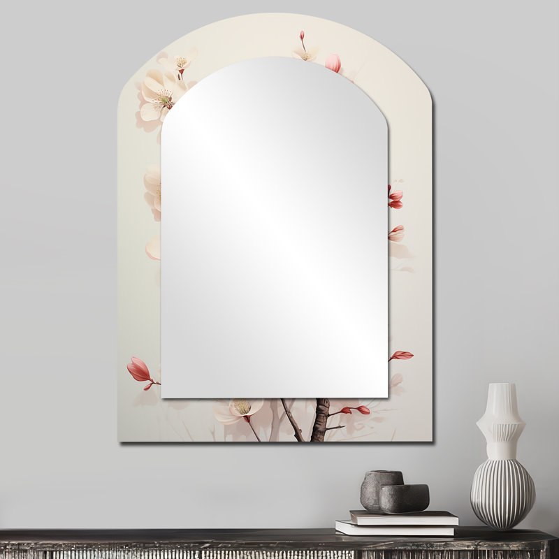White Dogwood Blossom Harmony III - Dogwood Asymmetrical Decorative Mirror, Traditional Arch Wall Mirror, Printed Metal Art