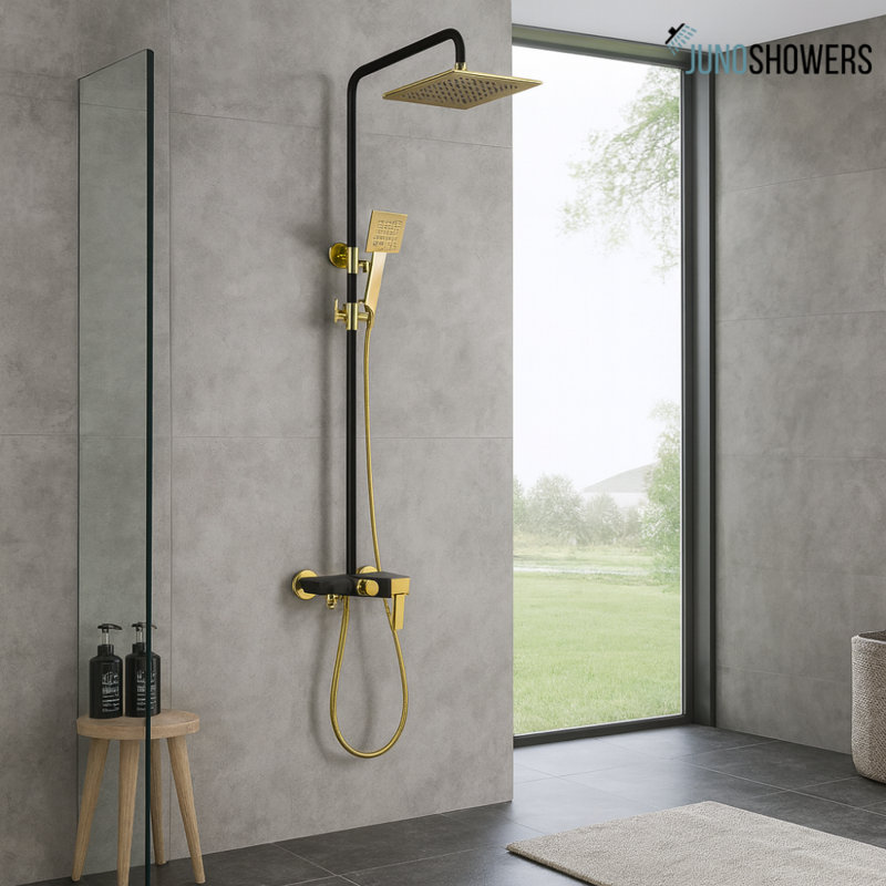 Solid Gold and Black Brass Luxurious Exposed Gold Bathroom Shower Set, Gold/Black