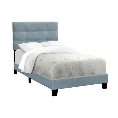 Structure de lit simple tapissier en velours bleu pour les chambres de jeunes et juvéniles avec housse