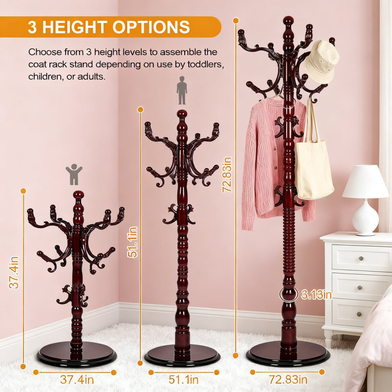 Freestanding Wooden Coat Rack With 18 Hooks, Heavy Duty Coat Tree Stand With Adjustable Height And Solid Round Base For Entryway, Home, Bedroom, Or Office