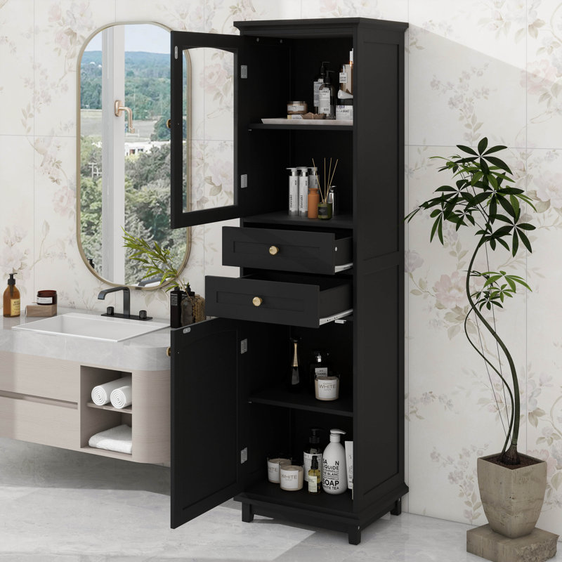 Armoire de rangement de 63 po de hauteur avec 2 tiroirs, armoire de salle de bain avec portes en verre, rangement pour garde-manger avec tablettes réglables
