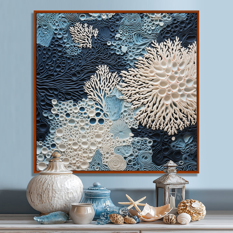 Collage sous l'eau de coraux bleus et blancs - art mural côtier, H 30 po x l 30 po, Reproduction avec cadre flottant, Érable