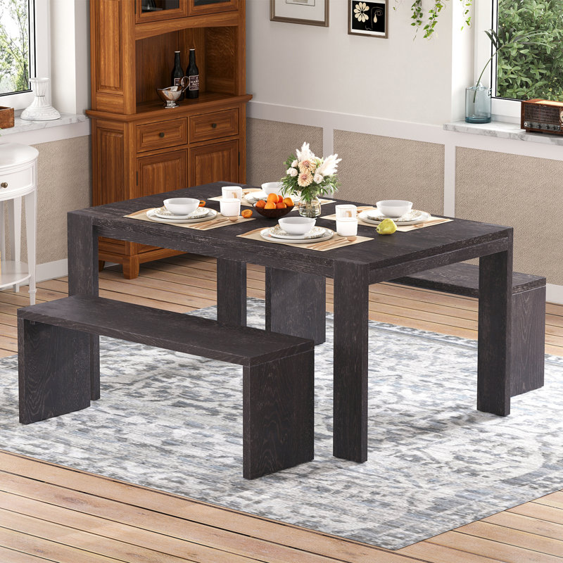 Ensemble de salle à manger simple de style campagnard avec table et 2 bancs, parfait pour la salle à manger, la cuisine et le salon