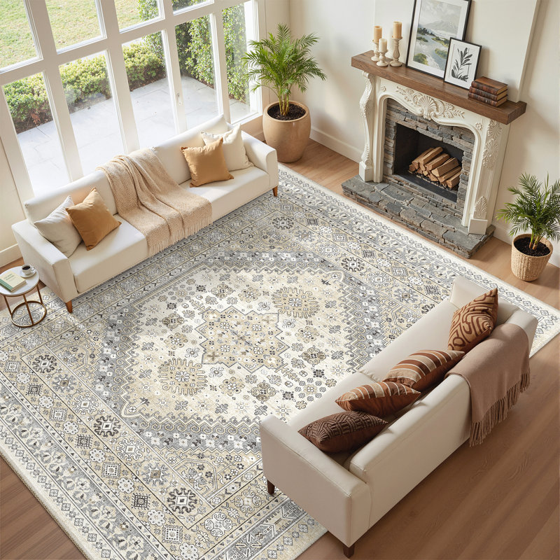 Malaika Machine-Washable Non-Slip Medallion Area Rug, Gray/Beige, Rectangle 10' x 14'