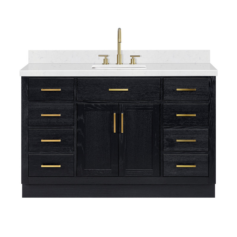 Meuble-lavabo simple en bois massif 54 po Tidworth avec lavabo en quartz Carrara 1,5 po, Forme rectangulaire
