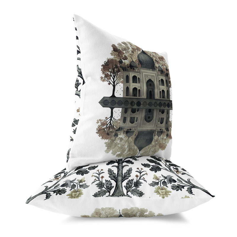 Coussin décoratif intérieur / extérieur Mughal Waterside Paradise, Vert / Beige, H 16 po x l 16 po