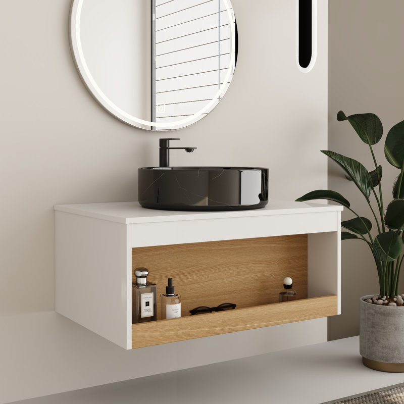 Ensemble de meuble-lavabo mural simple 30 po avec lavabo rond en céramique, Black with white patterns