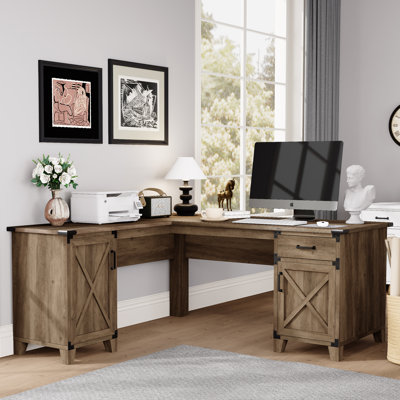 66'' Farmhouse L-Shaped Executive Desk – 1 Drawer & 2 Storage Cabinets, Home Office Desk, Brown
