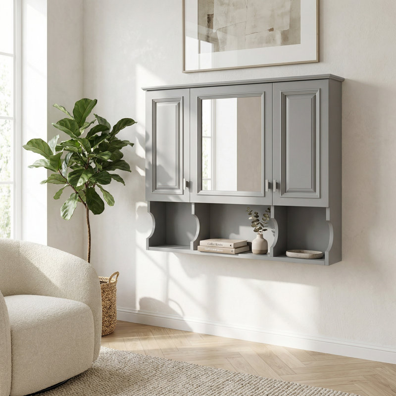 Armoire de salle de bain murale à miroir avec tablettes réglables et rangement ouvert, conception moderne pour l'organisation de la salle de bain et la décoration intérieure