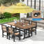 Ensemble de repas de jardin pour 4 personnes, table d'extérieur en PEHD et 4 chaises avec accoudoirs, aspect bois, trou pour parasol, pieds réglables.