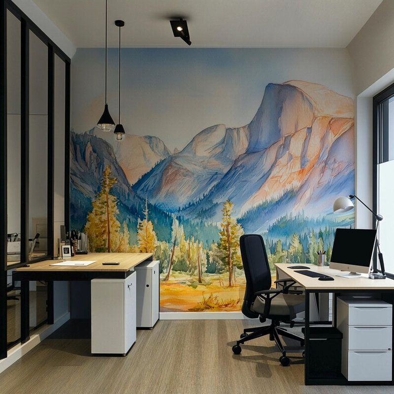 Murale de paysage de montagne Yosemite peint à la main, 96" L x 108" W