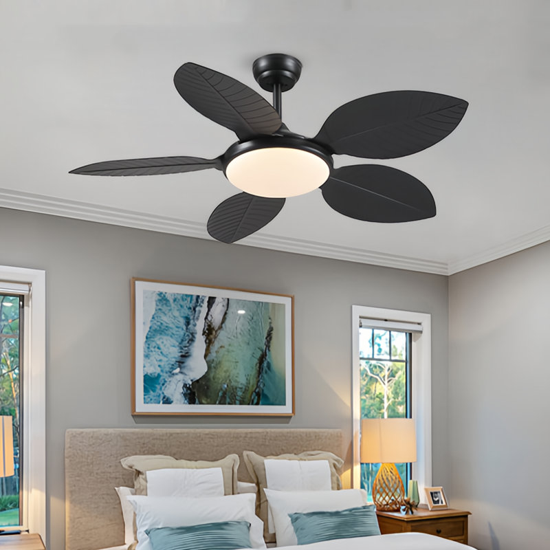 48" Tropical plam Leaf Ceiling Fan With Led Lights and Remote, Black