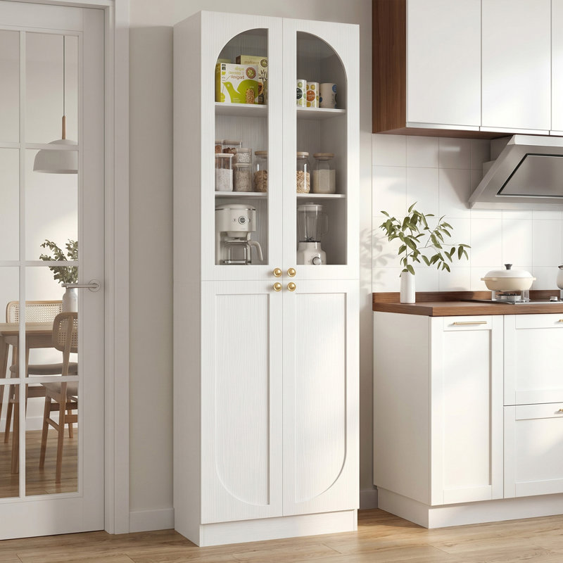 ‌23.6" Arched Glass Door Bookcase - 6-Tier Farmhouse Pantry, Tall Wooden Shelf, Seamless Fit For Home Office/Living Room/Kitchen