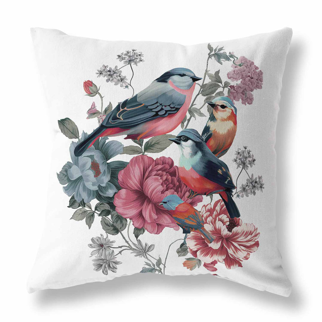 Petal Perched Birds Indoor/Outdoor Floral Square Cushion With Filling