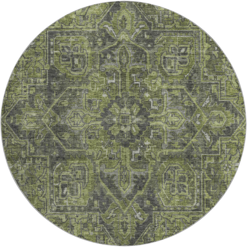 Tapis oriental à poils longs de qualité supérieure lavable à la machine ADS571, Green, 8' Round