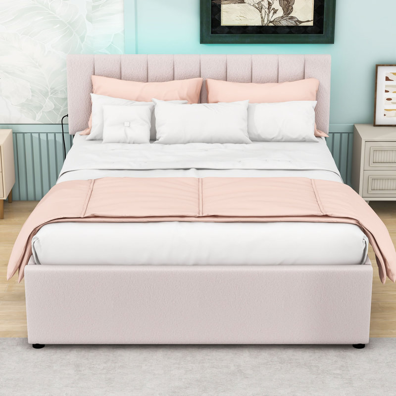Lit rembourré Teddy avec lit gigogne et DEL, Beige, Grand lit