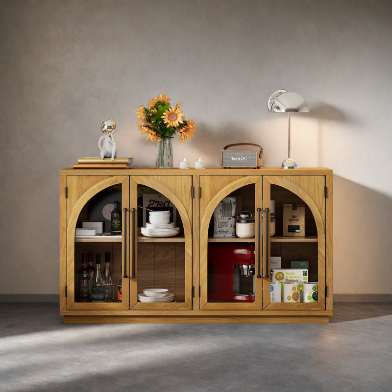 Buffet 4 portes avec rangement et portes vitrées, armoire arquée avec tablettes réglables pour la cuisine, la salle à manger et le salon