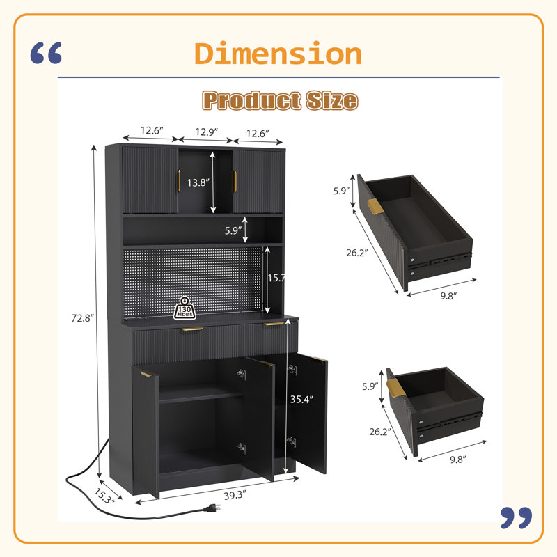 Armoire de garde-manger pour le salon, huche de support de micro-ondes cannelée en bois avec rangement, station de charge et panneau perforé de 73 po
