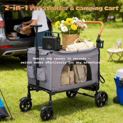 Foldable Pet Stroller, 4 Wheels Folding Carrier Jogger Stroller for Dogs Cats with Canopy and Basket