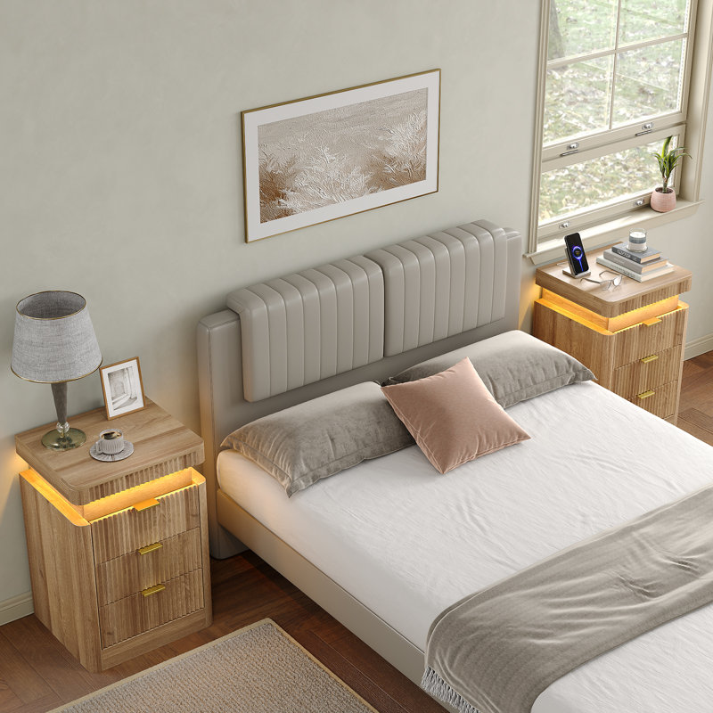 Fluted Night Stand With Charging Station & LED Light, 3-Drawer Bedside Table For Bedroom & Living Room, Modern Sofa Side Table With Sliding Top & Outlets/USB