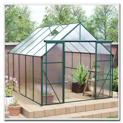 8x10FT Double Door Polycarbonate Greenhouse Raised Base and Anchor Aluminum Heavy Duty Walk-in Greenhouses for Outdoor Backyard in All Season,Green