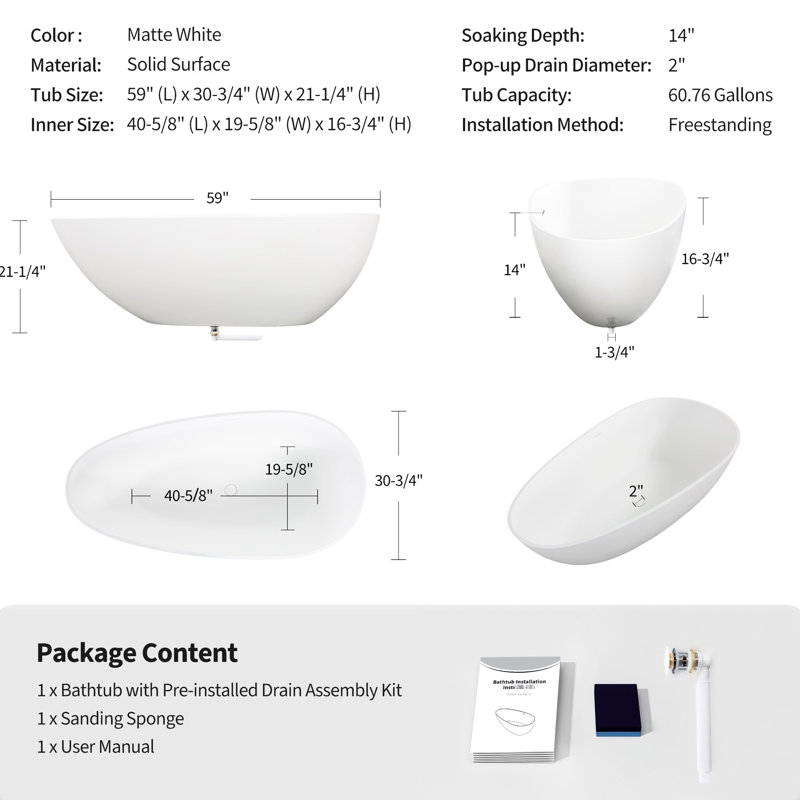Freestanding 59" Solid Surface Luxury Soaking Stone Resin Bathtub In Matte White, Adjusted To Contemporary Bathroom Provisions, With Overflow And Pop - Up Drain, Excellent Heat Retention Point,