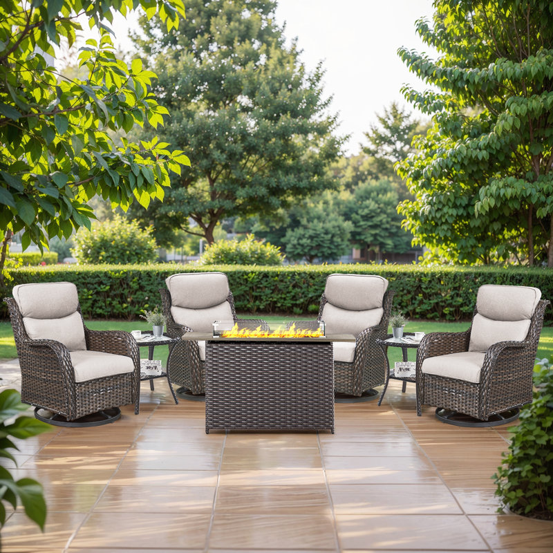 Simle 7-Piece Outdoor Seating Group PE Wicker Swivel Glider Chair With Cushions And Side Table, Brown, Gray