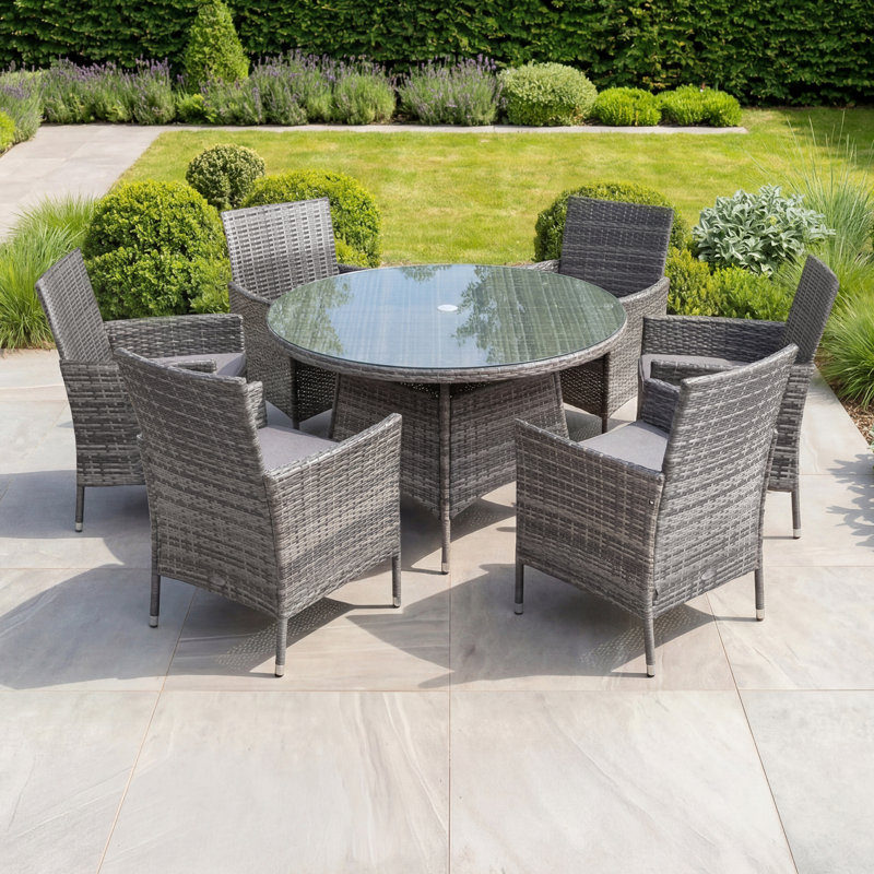 Jeneva 6 - Person Wicker Patio Dining Set with Round Table , Cushions Included, Grey