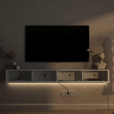 Wall Mounted Tv Shelf With Power Outlet - White Floating Stand, 3 Standard And 2 Ports, 16 Color Led Lights 4 Flashing Effects, Open Shelves For Storage, Made, 77.05 In Product Depth High Gloss Stand