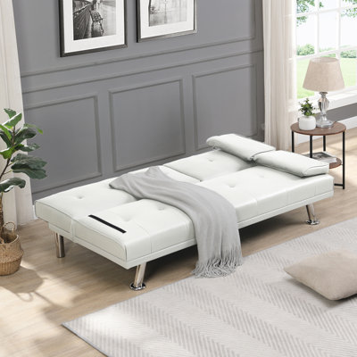 Sofa Bed With Armrest Two Holders WOOD FRAME, STAINLESS LEG, FUTON PVC