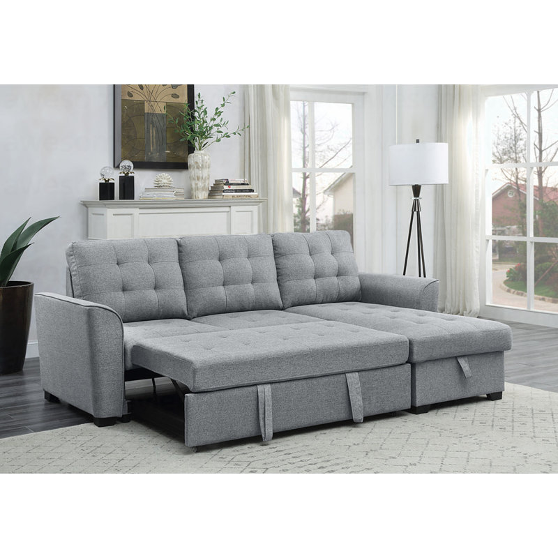 Canapé-lit modulaire moderne en lin gris clair de 90,5 po avec méridienne réversible, Lin gris pâle