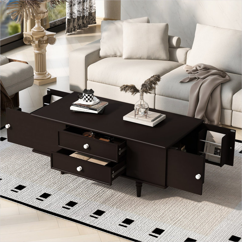 Coffee Table with Storage, brown-toned MDF and solid wood, 47.2 rectangular, four drawers and two side compartments