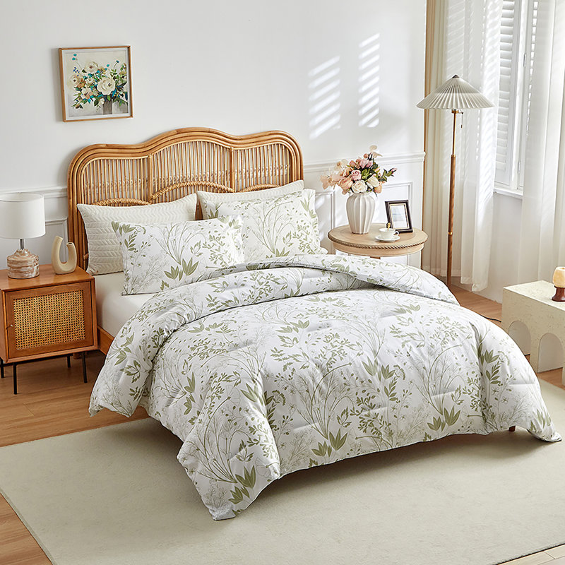 Ensemble d'édredon en duvet synthétique Bohème, Édredon très grand + 2 taies décoratives, Blanc/vert