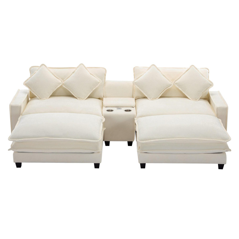 111" Sectional Sofa Chenille Upholstered Sofa, Beige Chenille