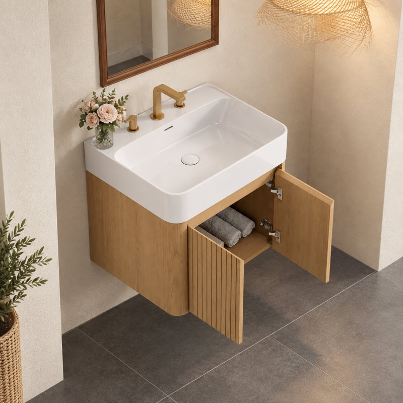 Meuble-lavabo mural de 61 cm (24 po) avec lavabo en céramique intégré, armoire de rangement suspendue avec 3 trous prépercés pour robinetterie, chêne