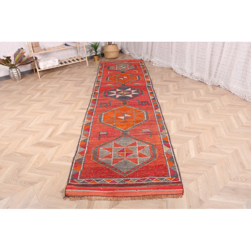 Tapis turc Kilim fabriqué à la main dans des tons rouge vif et orange avec un design anatolien Elite