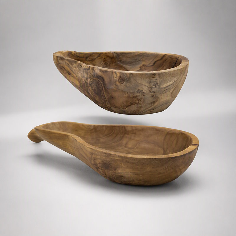 Ensemble de 2 bols en teck au fini brun naturel, parfaits pour la décoration et le rangement, design élégant en forme de poire