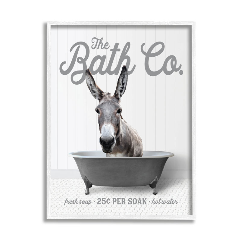 " Donkey In Bathtub ", 14" H x 11" W x 1.5" D, Coastal White Framed Giclee