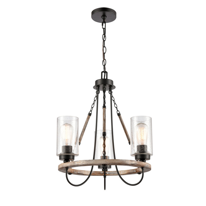 Lustre en roue de chariot à 3 lumières avec détails en bois Tallant, Grainé, DEL